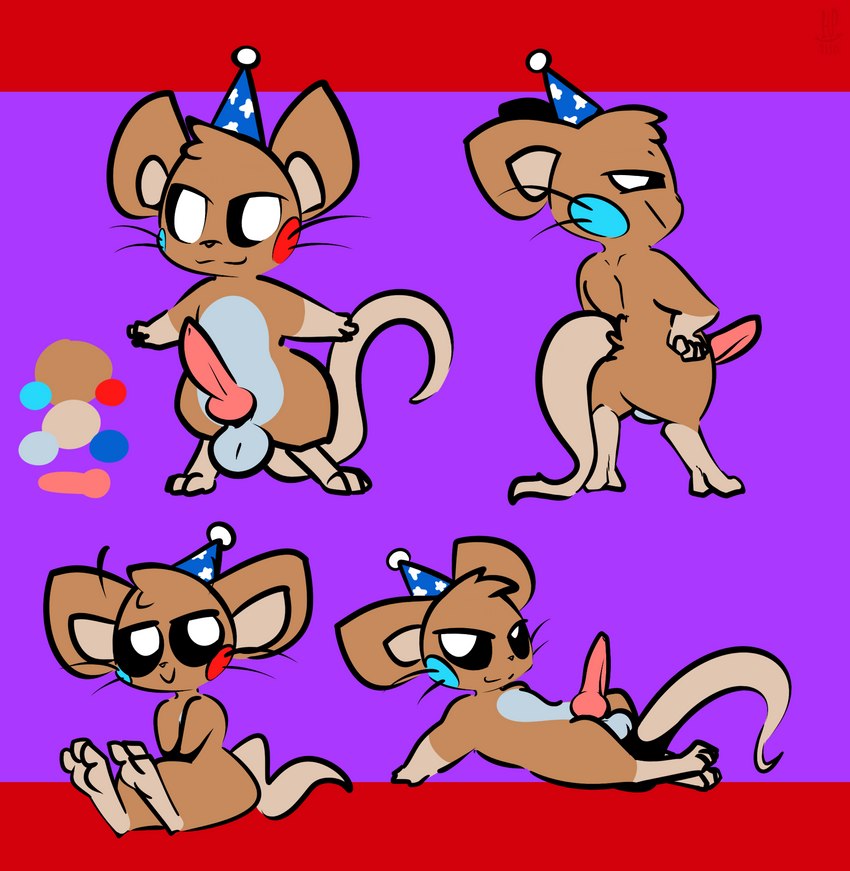 balls bedroom_eyes clothing color_swatch feral genitals hat headgear headwear knot looking_at_viewer looking_back male narrowed_eyes party_hat penis seductive simple_background solo whiskers 1upgobbo beeb mammal mouse murid murine rodent hi_res model_sheet