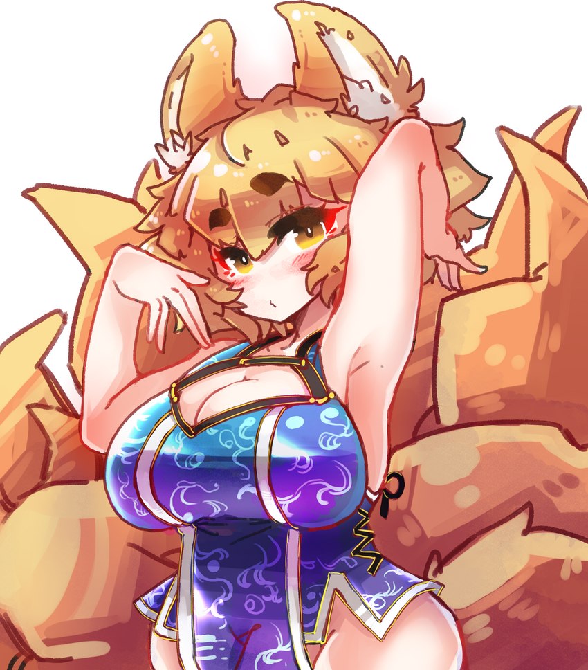 7_tails asian_clothing big_breasts big_ears blonde_hair blush breasts chinese_clothing chinese_dress cleavage_cutout clothed clothing cutout dress east_asian_clothing female hair inner_ear_fluff multi_tail raised_arm short_hair solo tail tuft yellow_eyes sabitare touhou ran_yakumo animal_humanoid canid canid_humanoid canine canine_humanoid fox_humanoid humanoid mammal mammal_humanoid absurd_res hi_res