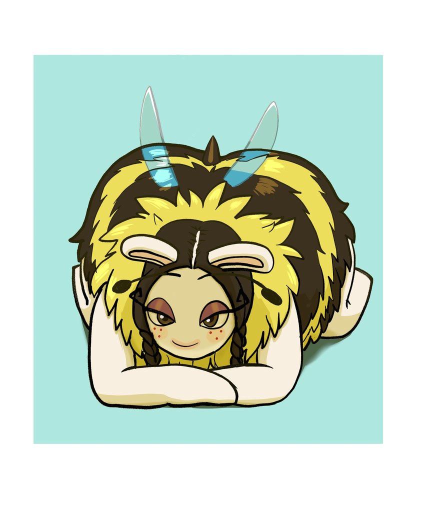 antennae_(anatomy) anthro arms_bent bedroom_eyes bent_legs black_hair blue_background blue_wings border braided_pigtails brown_eyes closed_smile eyelashes eyeshadow female female_anthro fluffy freckled_face freckles fur hair insect_wings light long_ears long_eyelashes long_hair looking_at_viewer lying makeup mitten_hands mouth_closed multicolored_body multicolored_fur narrowed_eyes on_front purple_eyeshadow red_freckles seductive simple_background smile smiling_at_viewer solo stinger tan_inner_ear white_body white_border white_fur wide_hipped_anthro wide_hipped_female wings yellow_body yellow_fur tippycat mario_plus_rabbids_sparks_of_hope raving_rabbids rayman_(series) ubisoft bea_(mario_plus_rabbids) arthropod bee hybrid hymenopteran insect lagomorph mammal rabbid 2023 5:6 absurd_res colored digital_drawing_(artwork) digital_media_(artwork) hi_res lighting shaded