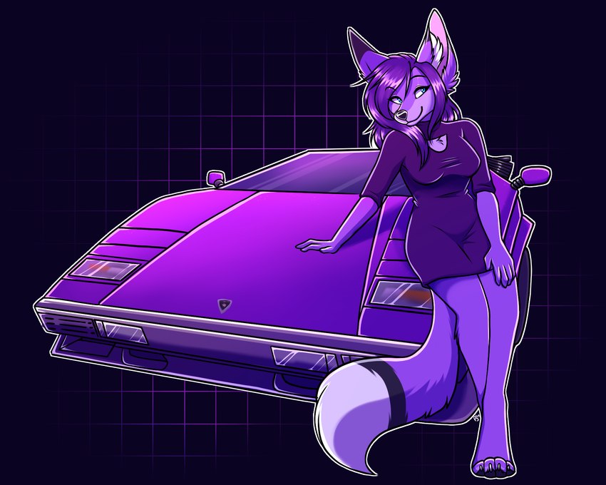 80's_theme anthro car female hair long_hair purple_body sassy sly solo sports_car tidehardt vehicle lamborghini lamborghini_countach emberfox canid canine fennec_fox fox mammal true_fox 5:4 hi_res trans_(lore)