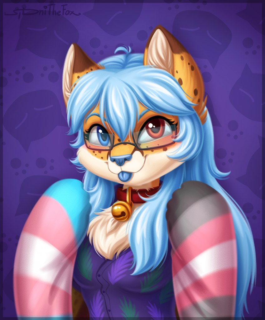 aloha_shirt anthro bell blep blue_eyes blue_hair blue_nose blue_tongue blush chest_tuft clothing collar demigirl_pride_colors eyewear female flag flag_(object) glasses hair heart_font heart_font_signature heart_in_signature heart_symbol heterochromia holding_flag holding_object leaf_pattern leaf_print leaf_print_clothing leaf_print_shirt leaf_print_topwear lgbt_pride long_hair pattern_clothing pattern_shirt pattern_topwear pride_color_flag pride_colors print_clothing print_shirt print_topwear red_eyes shirt solo tongue tongue_out topwear transgender_pride_colors tuft sidnithefox neko_ed canid canine cheetah felid feline fox hybrid mammal absurd_res digital_media_(artwork) half-length_portrait hi_res portrait shaded signature nonbinary_(lore) trans_(lore) trans_woman_(lore)