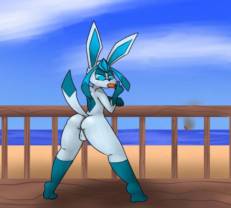 anthro anthrofied anus backsack balls beach biped blue_body blue_eyes blue_fur blue_hair butt cloud dessert detailed_background femboy food fur genitals hair ice_cream male markings outside pokemorph rail sand sea seaside ship sky solo standing vehicle water watercraft iguanasarecool nintendo pokemon eeveelution generation_4_pokemon glaceon pokemon_(species) hi_res