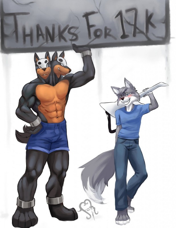 2_heads anthro anthrofied bottomwear claws clothing duo guitar male multi_head musical_instrument pants plucked_string_instrument shirt shorts simple_background standing string_instrument topwear johedveigd bacent nintendo pokemon gamerwolf84 gavian canid canine canis generation_2_pokemon houndour mammal pokemon_(species) wolf full-length_portrait hi_res portrait