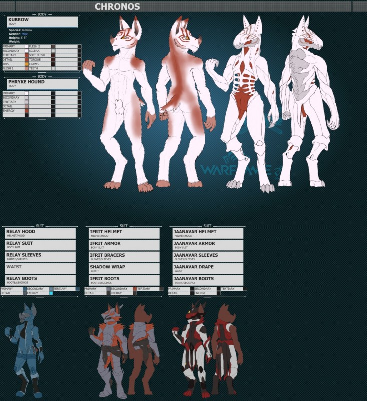 4_toes 5_fingers animal_genitalia anthro armor balls feet fingers front_and_back front_view fur genitals male multiple_outfits nude rear_view red_body red_fur sheath solo text toes white_body white_fur frostwyrm102 digital_extremes tencent warframe canid canine kubrow mammal english_text flat_colors hi_res model_sheet