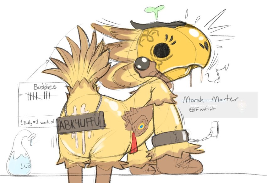 anthro bdsm biped bodily_fluids bondage bound butt chocobo_costume clothed clothing costume cum cum_on_butt drooling genital_fluids lube public_use saliva simple_background solo text white_background sexotheque final_fantasy final_fantasy_xiv square_enix avian bird chocobo 2022 digital_drawing_(artwork) digital_media_(artwork) english_text