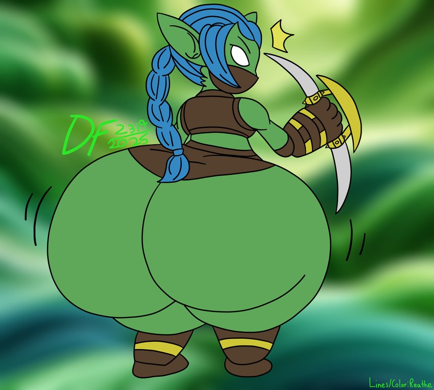 big_butt black_eyebrows blade blue_hair bottomwear brown_bottomwear brown_clothing brown_footwear brown_shoes brown_skirt brown_topwear butt clothing eyebrows female footwear green_body green_ears green_skin hair holding_blade holding_object holding_weapon huge_butt huge_thighs humanoid_pointy_ears hyper hyper_butt looking_at_viewer looking_back looking_back_at_viewer motion_lines no_pupils not_furry pointy_ears ponytail rear_view shoes short_stack skirt solo text thick_thighs topwear weapon white_eyes decentfailure2319 reathe third-party_edit activision skylanders stealth_elf_(skylanders) elf humanoid 2025 absurd_res artist_name color_edit colored digital_media_(artwork) flat_colors hi_res signature