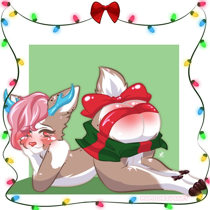 accessory anthro antlers belly blush body_blush bow_(feature) bow_accessory bow_ribbon bubble_butt butt butt_blush chibi christmas_decorations christmas_lights cloven_hooves furgonomics hair holidays hooves horn leg_markings lying male markings nude on_front pink_eyes pink_hair ribbons simple_background socks_(marking) solo spank_marks tail tail_accessory tail_bow tail_ribbon white_belly white_butt white_markings momodesugart christmas calyx_forrester deer mammal 1:1 hi_res