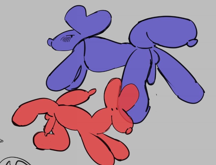 ambiguous_gender balloon balloon_animal balloon_dog balloon_with_face blue_body blush blush_lines dot_eyes feral genitals inflatable penis raised_leg rear_view red_body simple_eyes suggestive toony pilzeze animate_inanimate canid canine living_balloon living_inflatable mammal