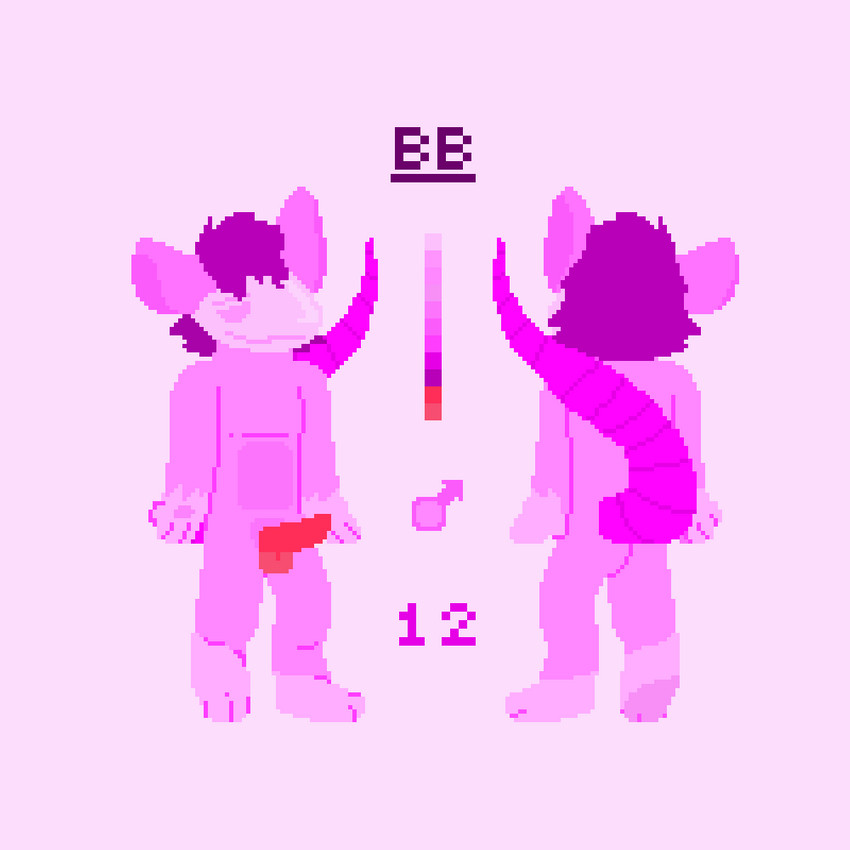 anthro balls big_ears big_tail fur genitals hair machine male nude penis pink_background pink_body pink_eyes pink_fur pink_visor purple_hair simple_background solo tail young young_anthro young_male scampikek bb_(rat_protogen) hybrid mammal murid murine protogen rat rodent 1:1 digital_media_(artwork) lineless model_sheet pixel_(artwork)