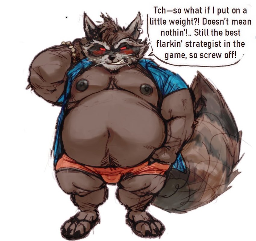 anthro areola barazoku belly biceps big_belly big_muscles blush body_hair bottomwear bracelet bulge claws clenched_teeth clothed clothing dialogue ear_piercing ear_ring footwear front_view fur hair hand_behind_head happy_trail huge_belly huge_muscles jewelry looking_at_viewer male musclegut muscular muscular_anthro muscular_male navel nipples open_clothing open_shirt open_topwear overweight overweight_anthro overweight_male pecs piercing pubes ring_piercing sandals shirt shoes shorts simple_background smile solo standing talking_to_viewer teeth text thick_arms thick_thighs topwear tuft whiskers white_background tora_gy guardians_of_the_galaxy marvel marvel_rivals rocket_raccoon mammal procyonid raccoon 2025 colored colored_sketch english_text sketch