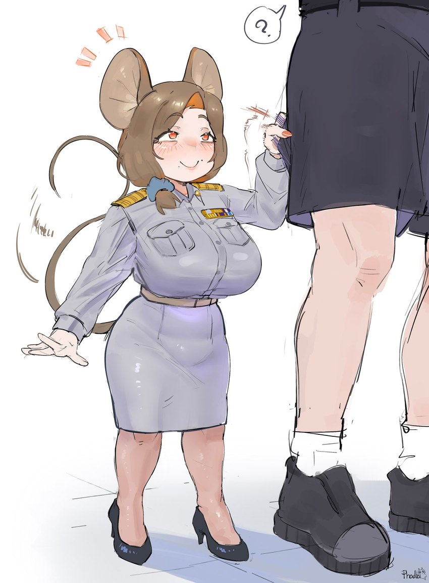 belt big_breasts black_clothing black_footwear black_high_heels bottomwear breasts brown_hair clothing duo female footwear hair high_heels legwear looking_up markings mole_(marking) pantyhose shoes short_stack shorts simple_background size_difference smile socks standing tail tail_motion uniform white_background maikamiaka animal_humanoid human humanoid mammal mammal_humanoid mouse_humanoid murid murid_humanoid murine murine_humanoid rodent rodent_humanoid 2025 digital_media_(artwork) hi_res