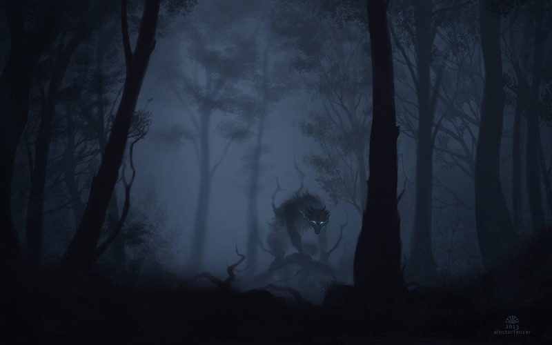 ambiguous_gender dark detailed_background feral forest glowing glowing_eyes looking_at_viewer outside plant solo tree alectorfencer canid canine canis mammal spirit wolf 16:10 digital_media_(artwork) digital_painting_(artwork) widescreen