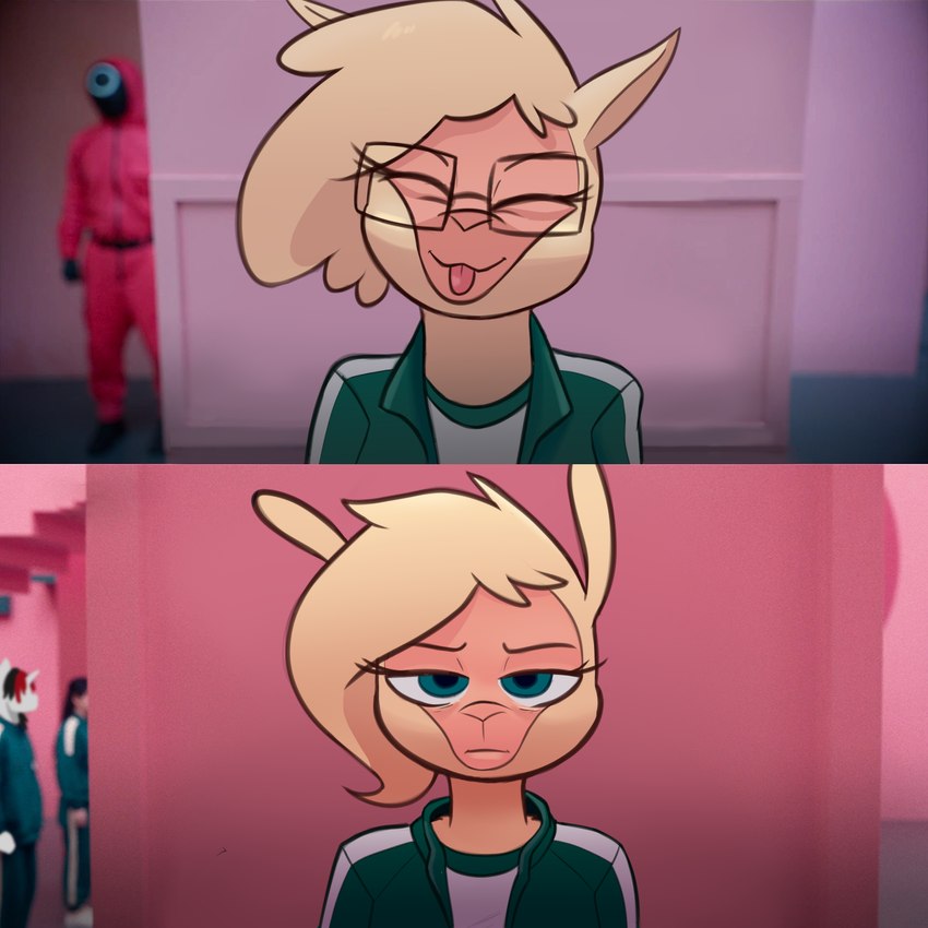 anthro before_and_after clothing eyes_closed eyewear female glasses looking_at_viewer paintover real solo tongue tongue_out tracksuit hitsuji squid_game shio_(hitsuji) alpaca camelid human mammal 1:1 hi_res