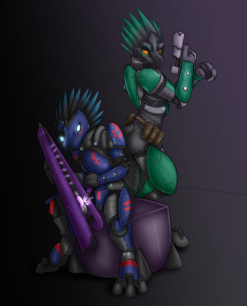 3_fingers 3_toes amber_eyes anthro armor beak beam_rifle blue_body blue_feathers body_armor butt claws cuisse digitigrade duo eye_scar facial_scar feather_hair feathered_crest feathers feet female finger_claws fingers glowing glowing_eyes green_body green_feathers grey_body grey_skin gun handgun head_crest headgear helmet holding_gun holding_object holding_ranged_weapon holding_weapon looking_at_object looking_at_viewer looking_at_weapon pseudo_hair pupils ranged_weapon scar short_tail simple_background sitting slit_pupils small_tail spaulder standing tail toes weapon working bastiel halo_(series) microsoft xbox_game_studios bep_'nom hen_(bastiel) alien avian kig-yar scalie t'vaoan 2021 absurd_res colored hi_res shaded