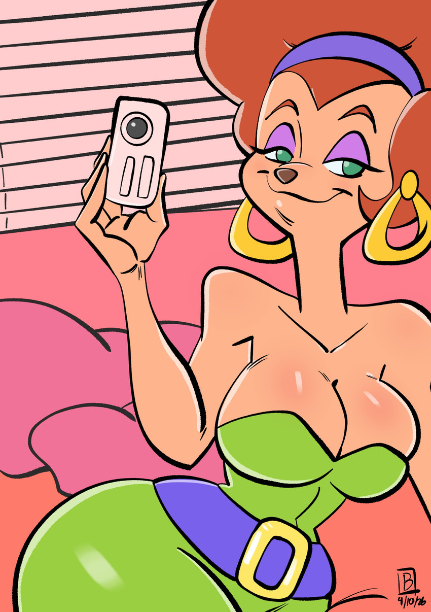 4_fingers afro anthro bedroom_eyes big_breasts big_butt breasts butt camera ear_piercing ear_ring female fingers hoop_ear_ring looking_at_viewer narrowed_eyes piercing ring_piercing seductive selfie smile smiling_at_viewer solo thick_thighs insomniacpen disney goof_troop sylvia_marpole canid canine canis domestic_dog mammal 2026 absurd_res hi_res