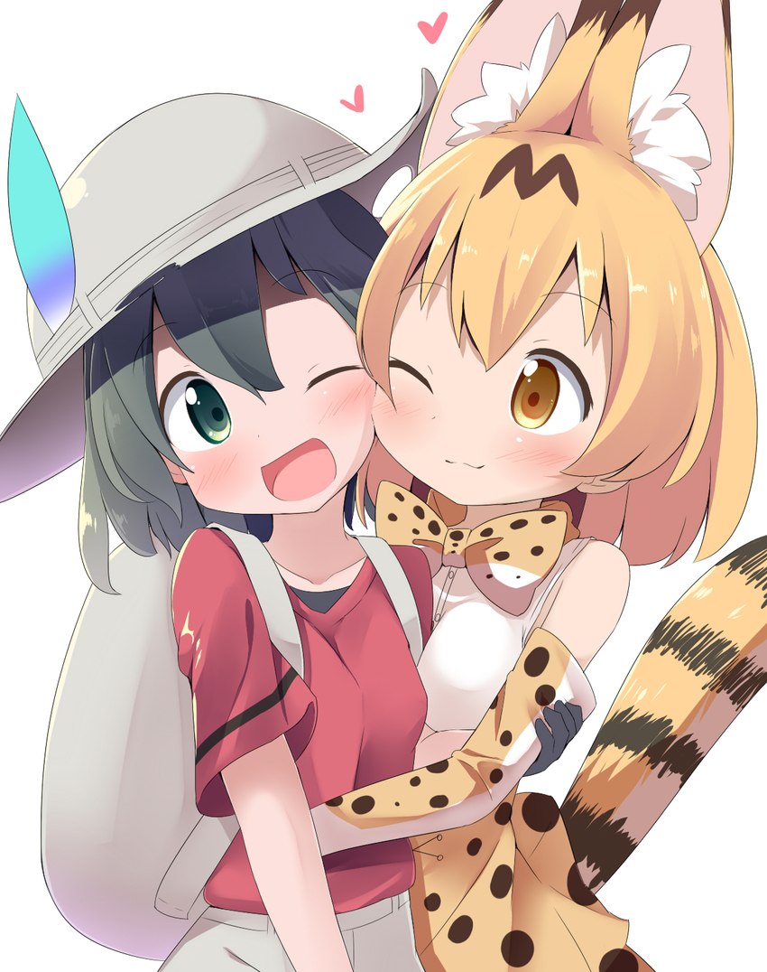 adolescent backpack blush bottomwear bow_tie clothed clothing duo feathers female female/female gloves handwear hat headgear headwear hug skirt tail tail_under_skirt young makuran kemono_friends kaban-chan serval-chan felid feline human mammal serval hi_res