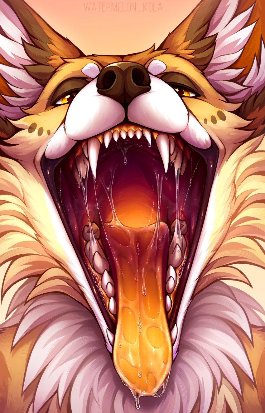 ambiguous_gender anthro bodily_fluids cheek_tuft facial_tuft fangs front_view fur glistening glistening_eyes gradient_tongue looking_at_viewer mouth_shot narrowed_eyes neck_tuft open_mouth orange_tongue saliva saliva_on_tongue saliva_string solo teeth tongue tuft white_body white_fur yellow_body yellow_eyes yellow_fur yellow_tongue kolaa canid mammal bust_portrait hi_res portrait