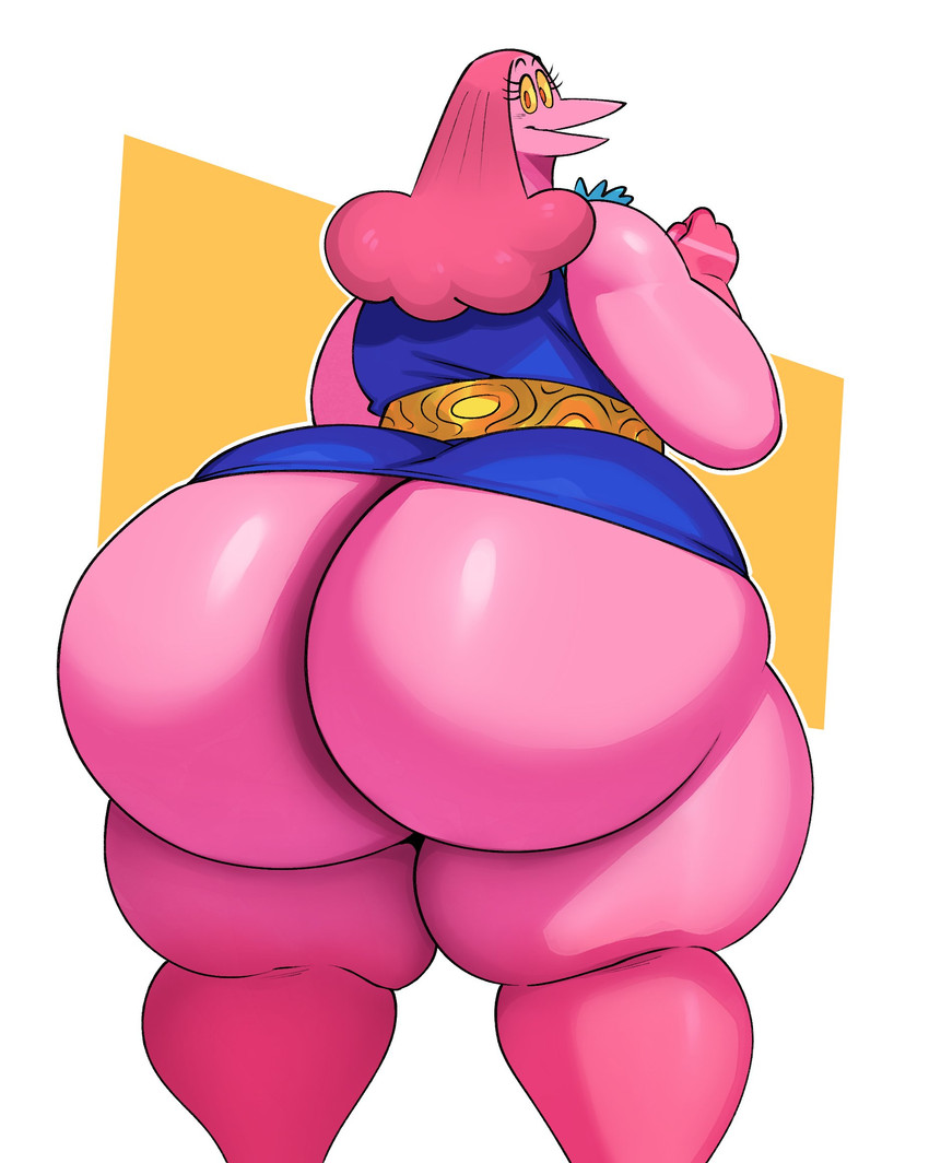 anthro big_butt bottomless butt butt_focus clothed clothing female glistening glistening_body glistening_butt huge_butt hyper hyper_butt looking_at_viewer looking_back open_mouth overweight pink_body presenting presenting_hindquarters rear_view simple_background solo thick_thighs topwear white_background wide_hipped_anthro wide_hipped_female wide_hips sssonic2 petunia_(dyna_soar) avian bird digital_media_(artwork) hi_res