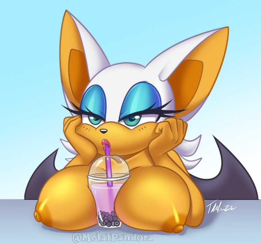 anthro areola between_breasts beverage beverage_between_breasts big_breasts blue_eyes blue_eyeshadow breasts bubble_tea container cup drinking eyelashes eyeshadow female hair hand_on_cheek makeup nipples object_between_breasts solo white_hair wings metalpandora hands-free_bubble_tea sega sonic_the_hedgehog_(series) rouge_the_bat bat mammal 2022 digital_media_(artwork) meme signature