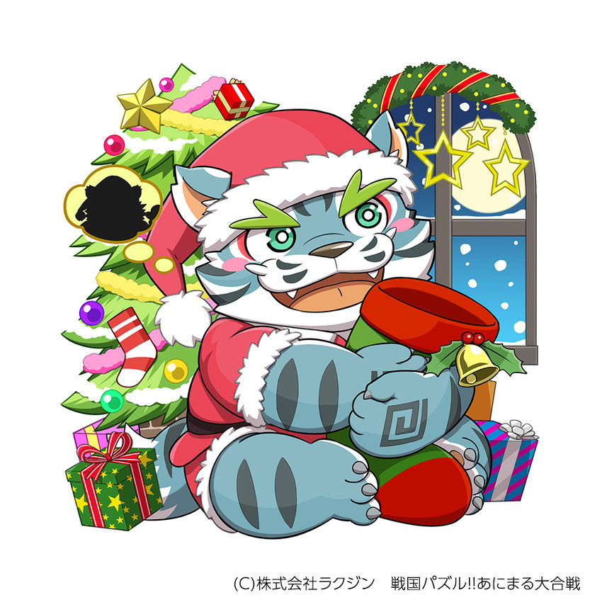 anthro blue_body blue_fur christmas_clothing christmas_headwear christmas_tree clothing fur hat headgear headwear holidays kemono male night plant santa_hat sitting solo text tree white_body white_fur young young_anthro kinoshita-jiroh christmas sengoku_puzzle raiden_shin'emon felid mammal pantherine tiger 1:1 2020 japanese_text