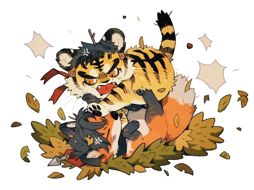 alternate_species black_hair countershade_face countershade_fur countershade_torso countershading dipstick_tail duo feral fight fur hair leaf male markings open_mouth orange_body orange_fur striped_body striped_fur stripes tail tail_markings juanmao1997 the_king's_avatar han_wenqing_(tka) ye_xiu_(tka) canid canine felid fox mammal pantherine tiger 2021 4:3