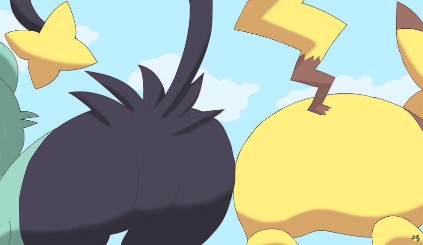 ambiguous_gender black_body black_fur blue_body blue_fur brown_body brown_fur butt butt_bump duo featureless_butt featureless_crotch feral fur monobutt null on_model rear_view tail wide_crotch yellow_body yellow_fur pichu90 nintendo pokemon generation_1_pokemon generation_4_pokemon pikachu pokemon_(species) shinx absurd_res hi_res