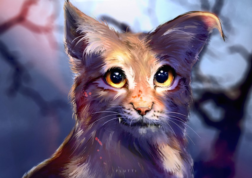 ambiguous_gender blurred_background brown_body brown_fur feral fur inner_ear_fluff light looking_at_viewer orange_eyes photorealism pink_nose solo text tuft whiskers white_body white_fur white_whiskers flutti felid feline mammal 2021 absurd_res artist_name digital_media_(artwork) hi_res lighting