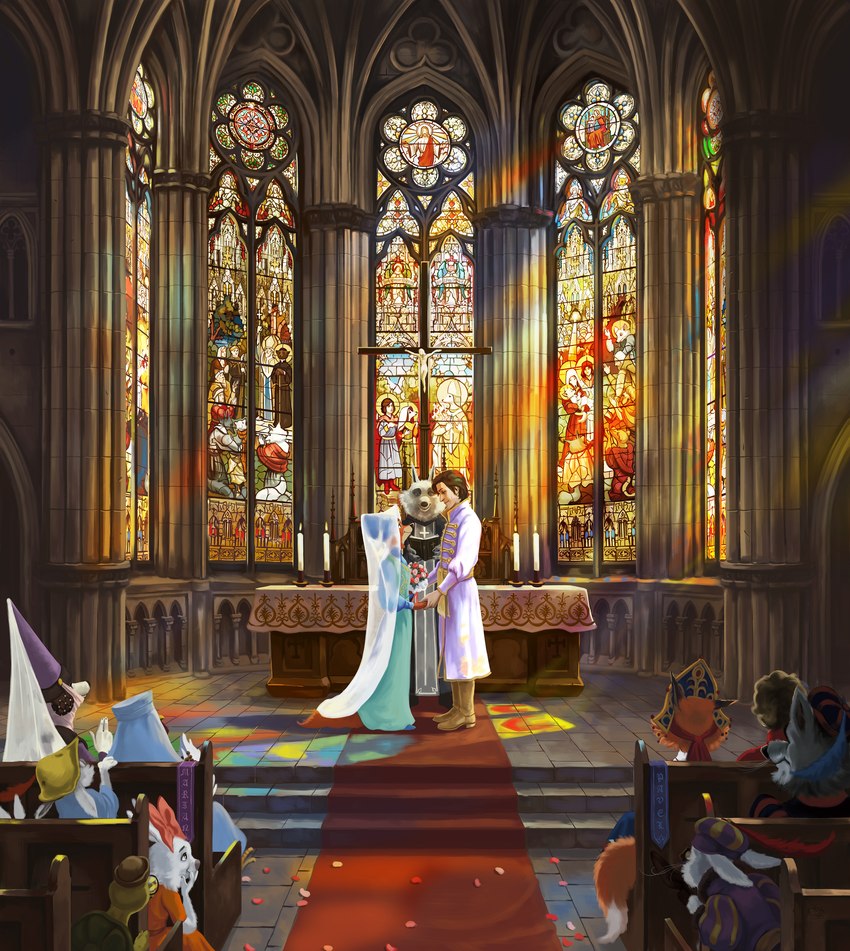 anthro book church eye_contact female gothic_architecture group hand_holding holding_bible holding_book holding_object inside interspecies_romance looking_at_another male male/female medieval_architecture stained_glass tail wedding sir_paulus disney illumination_entertainment robin_hood_(disney) sing_(movie) jimmy_crystal lady_kluck maid_marian sheriff_of_nottingham sis_(robin_hood) skippy tagalong_(disney) toby_(robin_hood) toby_turtle avian bird canid canine canis chicken fox galliform gallus_(genus) human lagomorph leporid mammal phasianid rabbit wolf absurd_res character_request hi_res