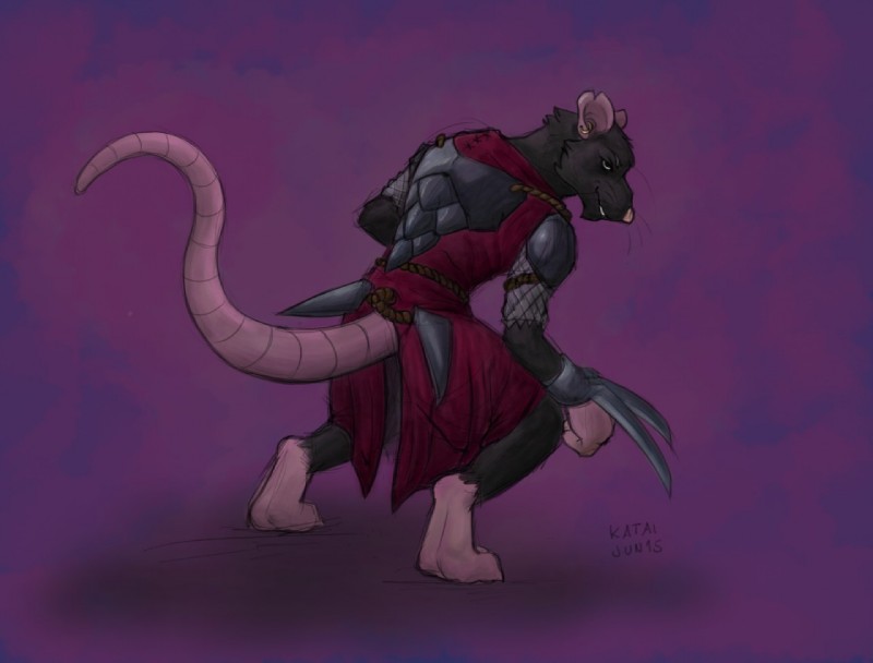 anthro armor assassin biped black_body black_fur claw_(weapon) clothed clothing ear_piercing fully_clothed fur male melee_weapon piercing pink_body pink_skin purple_background rope simple_background smile solo standing weapon whiskers katai hand_of_fate rat_king mammal murid murine rat rodent