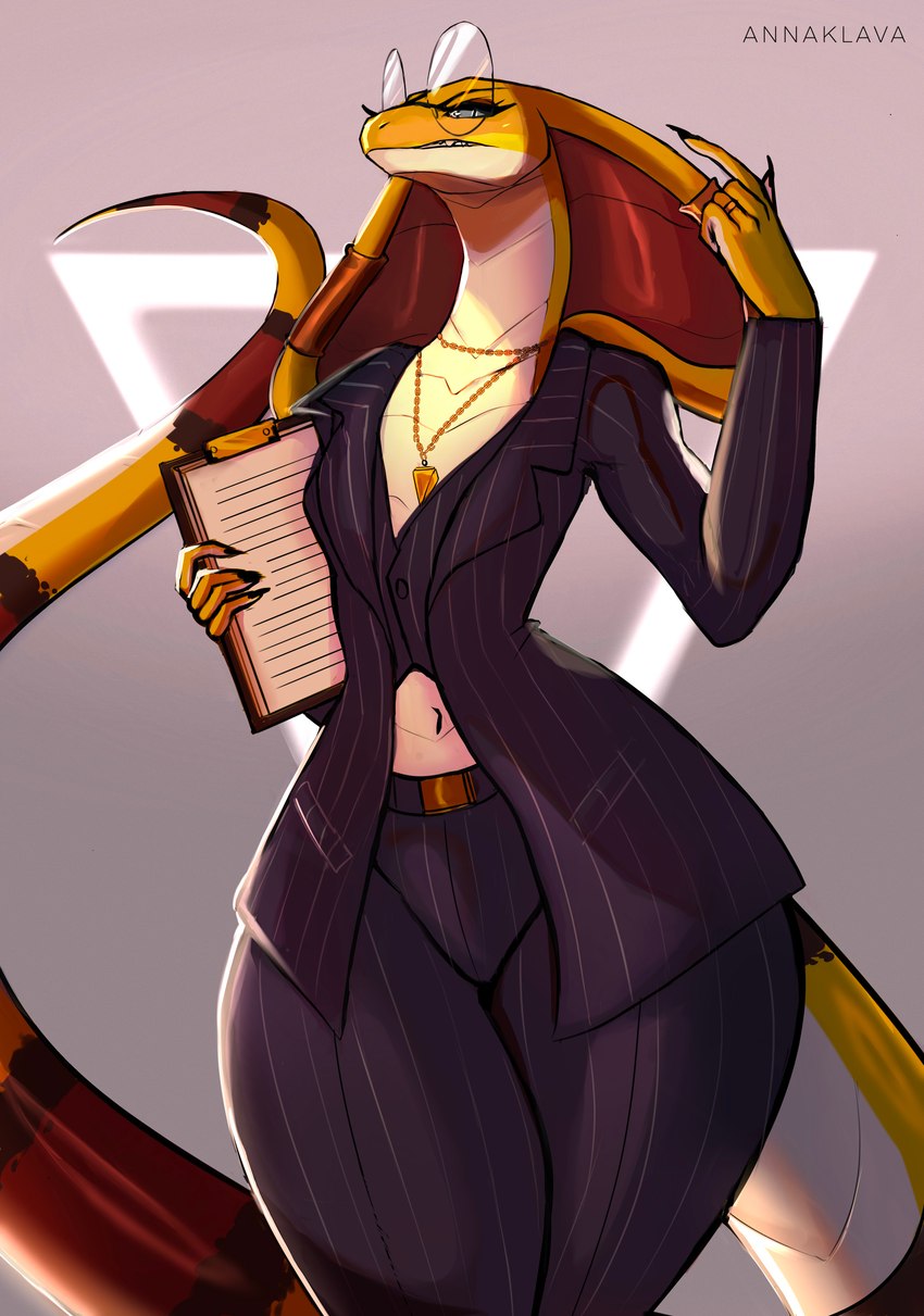 anthro businesswear clipboard clothed clothing eyewear female front_view fully_clothed glasses jewelry long_tail necklace pinstripe_suit round_glasses scales snake_hood solo standing suit tail thick_thighs wide_hips yellow_body yellow_scales annaklava fora cobra reptile scalie snake absurd_res hi_res