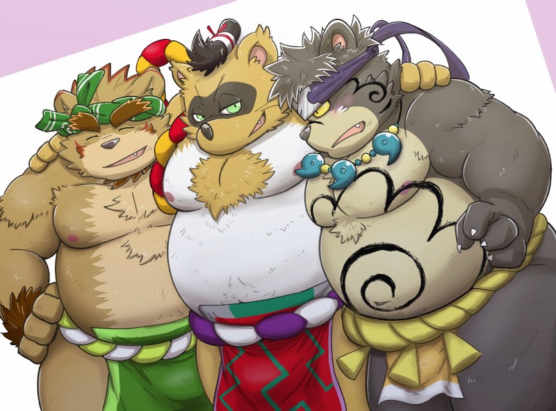 anthro arm_around_shoulders asian_clothing belly black_body black_fur brown_body brown_fur bulge clothing east_asian_clothing eyes_closed fur green_eyes group hug humanoid_hands japanese_clothing male mawashi moobs navel nipples overweight overweight_male sumo rockmai3 sengoku_puzzle ooe_senbee saigou_shirou tokugawa_ieyasu bear canid canine mammal raccoon_dog tanuki 2019 hi_res