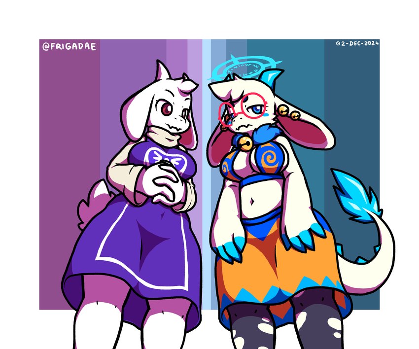 anthro bell biped blue_eyes breasts clothing duo eyewear female floppy_ears fur glasses halo horn navel red_eyes red_eyewear red_glasses tail white_body white_fur frigadae atlyss mythology undertale undertale_(series) angela_flux toriel bovid caprine goat kubold_(atlyss) mammal mythological_creature 2024 6:5 dated hi_res signature