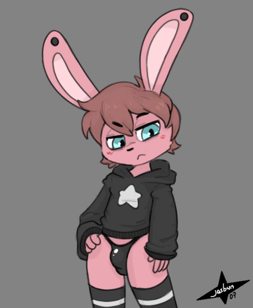 anthro blue_eyes bottomwear bulge clothed clothing ear_piercing fur hair hoodie legwear male piercing pink_body pink_fur simple_background solo thigh_highs topwear underwear jbun07 jasbun lagomorph leporid mammal rabbit digital_media_(artwork) hi_res