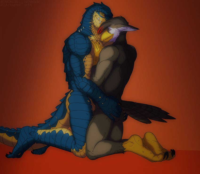 anthro barely_visible_genitalia barely_visible_penis duo feathers genitals hair hand_on_butt hand_on_chest male male/male nude penis simple_background smile jetmongrel nennsen nintendo pokemon anthor laluka avian bird generation_4_pokemon pokemon_(species) scalie staraptor