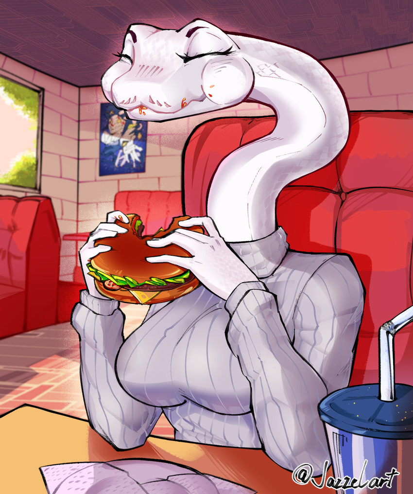 anthro beverage big_breasts breasts burger clothing eating eating_food eyelashes eyes_closed female fingers food grey_clothing grey_sweater grey_topwear inside long_neck non-mammal_breasts restaurant scales sitting smile solo sweater topwear white_body white_scales jazzelart cassie_(baronmunchausen) boa_(snake) prehistoric_species reptile scalie snake titanoboa 2025 digital_drawing_(artwork) digital_media_(artwork) hi_res