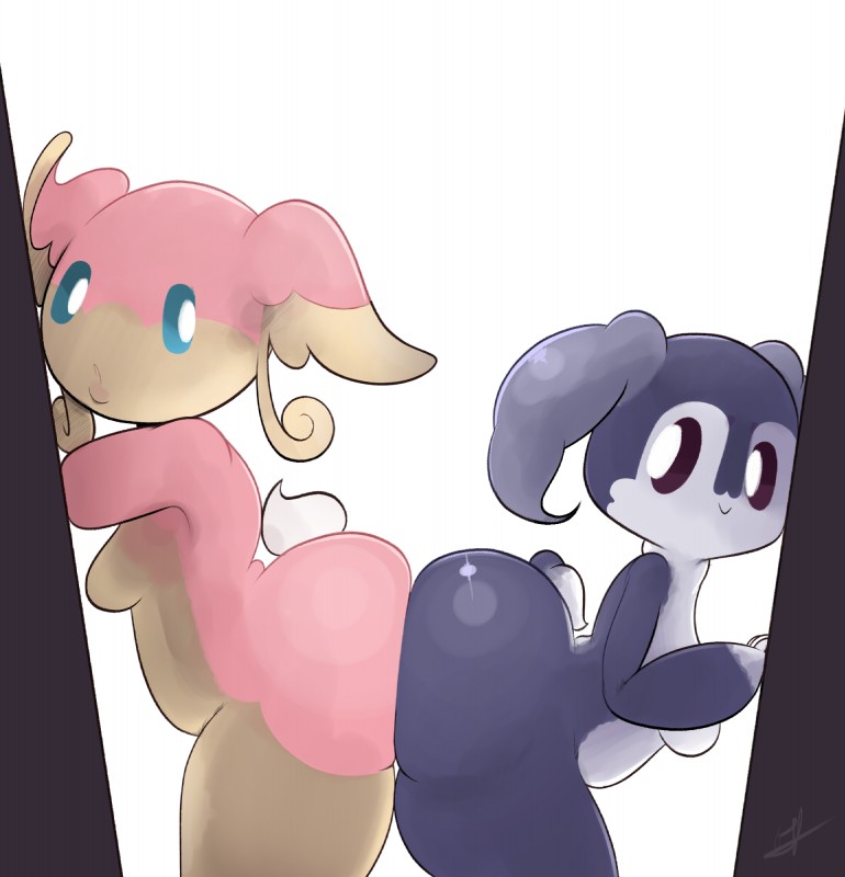 anthro big_butt breasts butt butt_bump butt_squish butts_touching duo female female/female looking_at_another nude pink_body pink_skin purple_body purple_skin scut_tail short_tail simple_background squish tail ota_(artist) nintendo pokemon audino generation_5_pokemon generation_8_pokemon indeedee pokemon_(species) hi_res