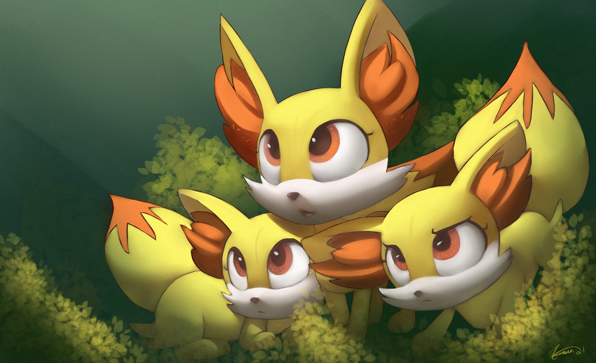 ambiguous_gender dipstick_tail feral fur group inner_ear_fluff markings multicolored_tail orange_eyes tail tail_markings trio tuft yellow_body yellow_fur auroriia nintendo pokemon fennekin generation_6_pokemon pokemon_(species) 2021 absurd_res digital_media_(artwork) hi_res