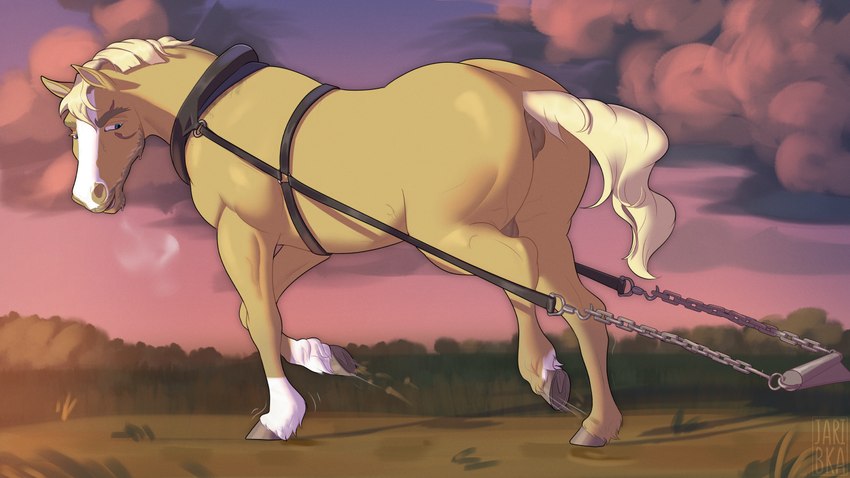 anatomically_correct anatomically_correct_anus anus balls blonde_hair chain equine_anus feral frown genitals hair harness landscape looking_back male mane outside puffy_anus sky solo tail tail_anus tan_body jaribka mattias_(broodsky) equid equine horse mammal