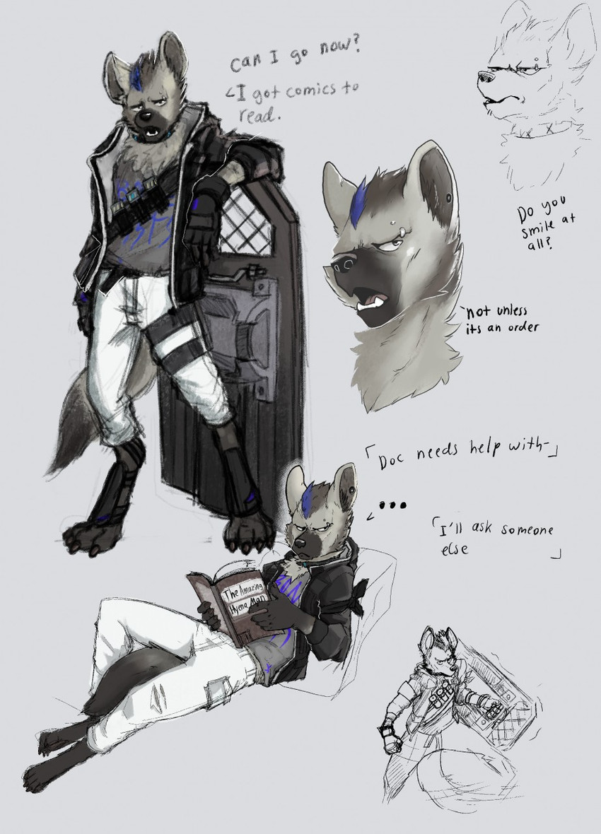 anthro bandolier belt black_body black_fur book clothing collar facial_piercing frown fur gloves grey_body grey_fur handwear male piercing reading reading_book riot_shield solo text rovak arknights hypergryph studio_montagne spot_(arknights) hyena mammal spotted_hyena english_text hi_res