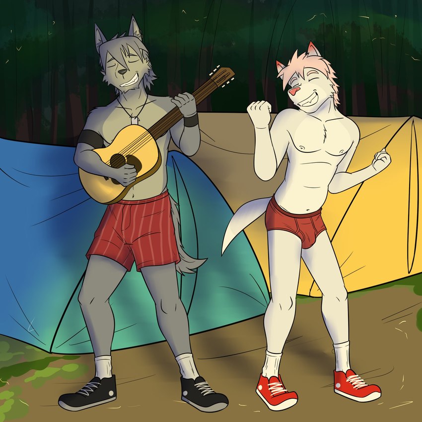 acoustic_guitar alternate_species anthro boxers_(clothing) briefs bulge camping clothed clothing dancing dog_tags duo footwear furrification guitar male musical_instrument navel night nipples outside pantsless_anthro pantsless_male playing_guitar playing_music plucked_string_instrument red_boxers red_briefs red_clothing red_underwear shoes socks string_instrument tent topless underwear white_clothing white_footwear white_socks fuze morenatsu morenatsu_homecoming hiroyuki_(morenatsu) kouya_(morenatsu) arctic_fox canid canine canis domestic_dog fox husky mammal nordic_sled_dog spitz true_fox 1:1 hi_res