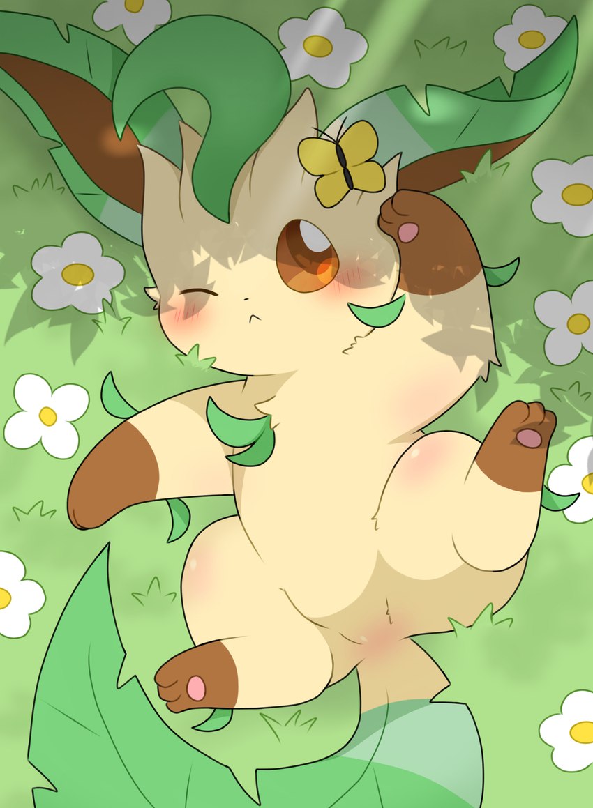 3_fingers 3_toes :< ambiguous_gender blush brown_body brown_eyes brown_fur dot_nose feet fingers flower fur grass green_body green_fur lying lying_on_grass multicolored_body multicolored_fur neck_tuft on_grass pawpads pink_pawpads plant solo toes tuft under_shade white_flower yellow_body yellow_fur leafeon0927 nintendo pokemon arthropod butterfly eeveelution generation_4_pokemon insect leafeon lepidopteran pokemon_(species) absurd_res hi_res