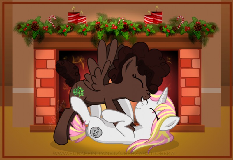 cutie_mark duo eyes_closed feathered_wings feathers female feral fire fireplace hair hearth holidays horn tail tail_tuft tailfro tuft wings arctic-sekai chimangetsu hasbro my_little_pony mythology lagneia olivia_the_pegasus equid equine mammal mythological_creature mythological_equine pegasus unicorn signature