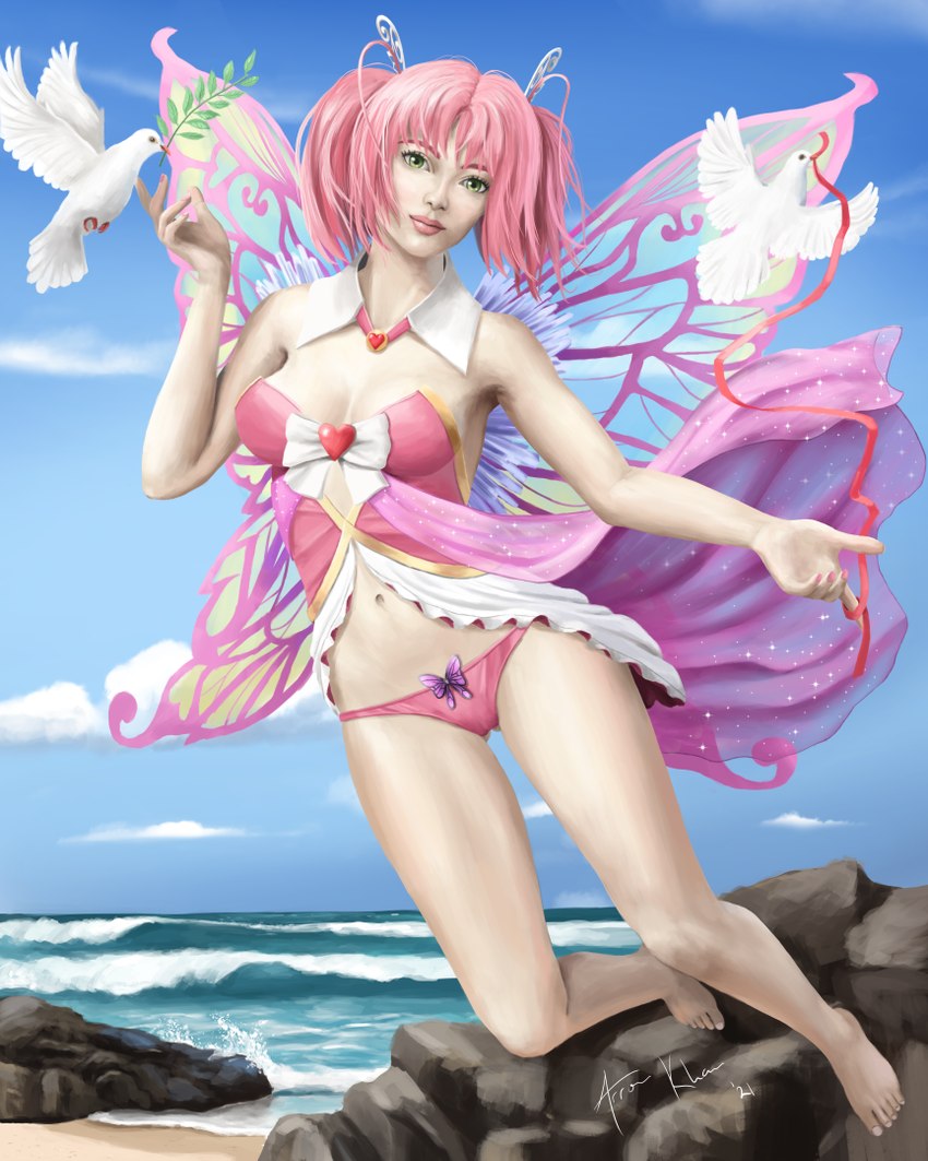 accessory breasts cleavage clothed clothing feathers female green_eyes hair hair_accessory lips not_furry not_furry_focus panties pigtails pink_hair pink_lips underwear water white_body white_feathers wings arronk huniepop kyu_sugardust avian bird columbid dove fairy humanoid 4:5