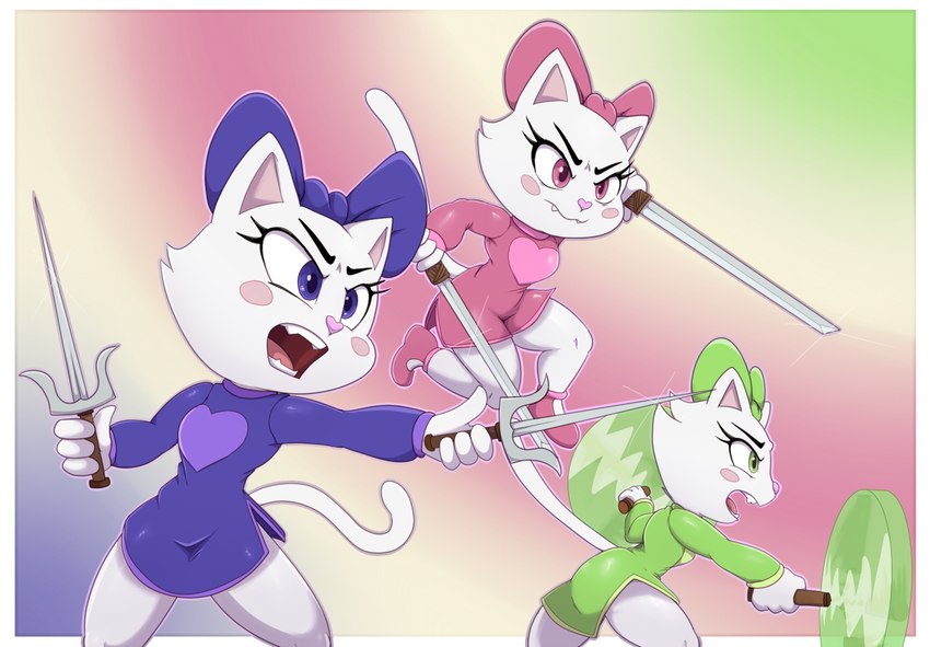 anthro chung_pow_kitties clothed clothing dual_wielding female group holding_object holding_weapon katana melee_weapon ninja nunchaku sai_(weapon) simple_background sword warrior weapon young bigdon1992 yin_yang_yo! kitty_(yin_yang_yo!) domestic_cat felid feline felis mammal digital_media_(artwork)