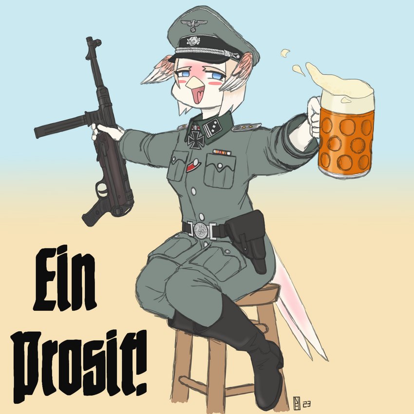 alcohol anthro beak beer beer_mug belt belt_buckle beverage blonde_hair blue_eyes blush boots buckle clothing cross feathers female footwear gun hair hat head_wings headgear headwear holding_gun holding_object holding_ranged_weapon holding_weapon holster iron_cross leather leather_boots leather_clothing leather_footwear medal medium_hair military military_cap military_uniform mp_40 nazi open_mouth pink_body pink_feathers ranged_weapon schutzstaffel shoes sitting sitting_on_stool smile solo submachine_gun swastika tail tail_feathers tan_body tan_feathers text totenkopf uniform unusual_wing_placement visor_cap weapon wings world_war_2 nautilusbomb avian bird 1:1 2023 german_text hi_res