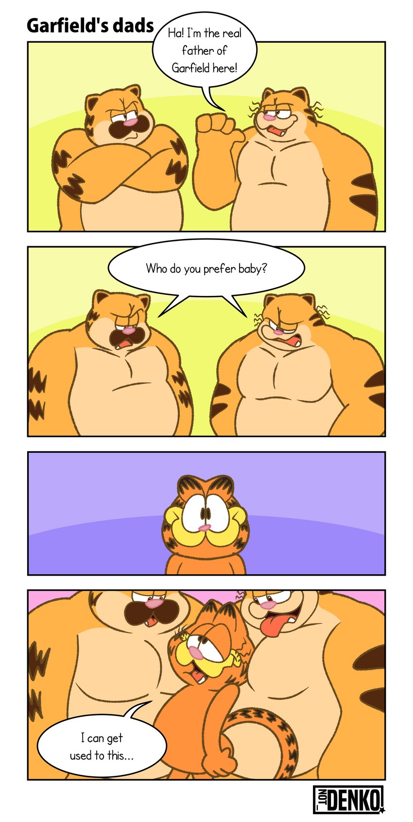 age_difference anthro belly beta_design dialogue fur group male male/male manwiched moobs nude open_mouth orange_body orange_fur rubbing simple_background size_difference slightly_chubby slightly_chubby_anthro slightly_chubby_male smile speech_bubble square_crossover striped_body stripes text trio not_denko garfield_(series) sony_corporation sony_pictures the_garfield_movie_(2024) garfield_the_cat vic_(garfield) felid mammal absurd_res comic english_text hi_res father_(lore) father_and_child_(lore) father_and_son_(lore) incest_(lore) parent_(lore) parent_and_child_(lore) parent_and_son_(lore) son_(lore)