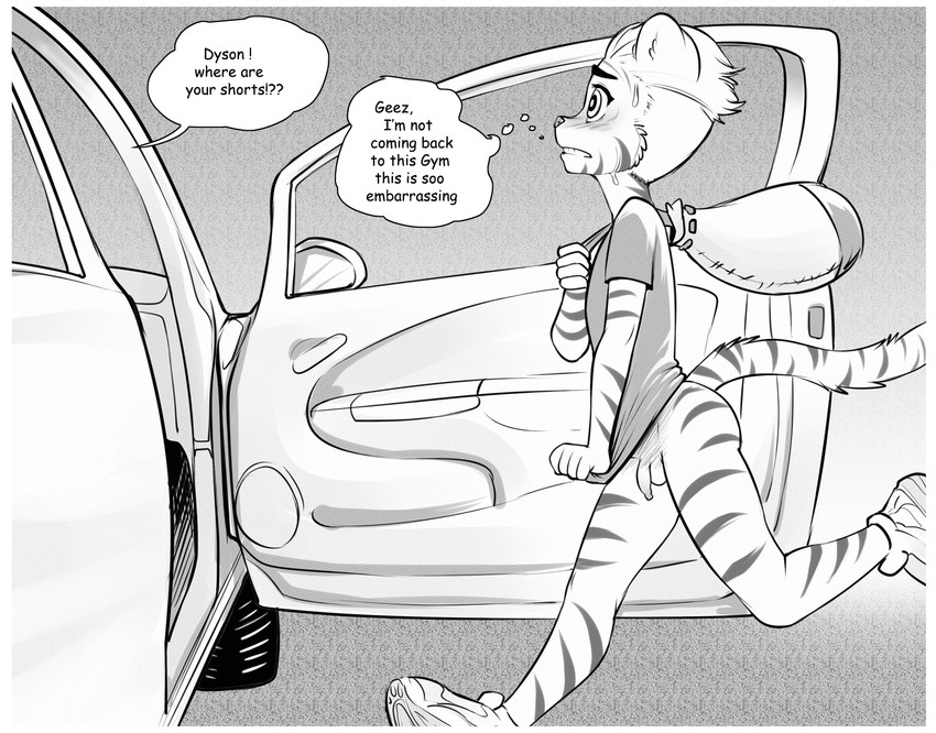 anthro balls blush bodily_fluids border bottomless car clothed clothing covering covering_self dialogue embarrassed flaccid footwear foreskin fur genitals holding_object long_foreskin male markings penis public running shirt side_view solo striped_body striped_fur striped_markings striped_tail stripes sweat tail tail_markings text tight_foreskin topwear vehicle white_border young young_anthro eldiman dyson_(eldiman) felid mammal pantherine tiger digital_drawing_(artwork) digital_media_(artwork) english_text monochrome