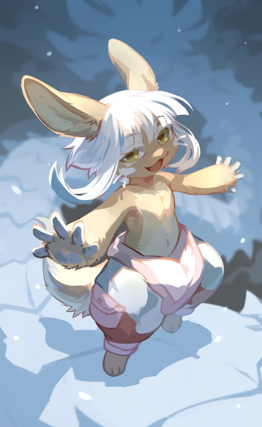 ambiguous_gender anthro clothed clothing female fur glistening glistening_eyes green_eyes hair long_ears looking_at_viewer open_mouth open_smile outside pink_clothing red_clothing red_tongue smile snow solo tan_body tan_ears tan_fur tongue white_clothing white_hair corzh77 made_in_abyss nanachi blessed_narehate mammal narehate hi_res