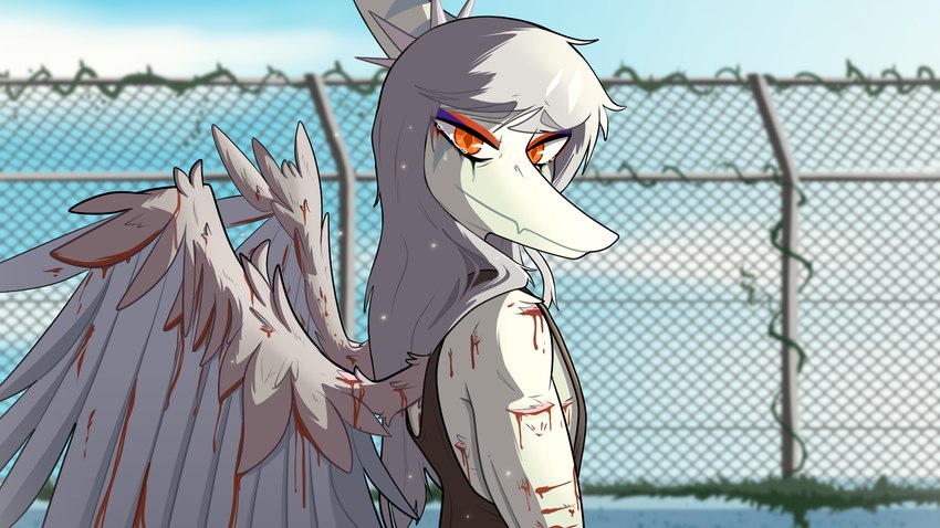 amber_eyes anthro blood blue_sky bodily_fluids bone_frill chain-link_fence crossgender detailed_background eyeliner feathered_wings feathers fence frill_(anatomy) ftm_crossgender grey_body grey_scales hair halter_top long_hair looking_at_viewer looking_back looking_back_at_viewer makeup male mascara mascara_tears running_makeup running_mascara scales silver_hair sky smile snout solo wings wounded seven_(artist) cavemanon_studios goodbye_volcano_high snoot_game fang_(gvh) dinosaur prehistoric_species pterodactylus pterosaur reptile scalie 16:9 2024 digital_drawing_(artwork) digital_media_(artwork) hi_res redraw widescreen