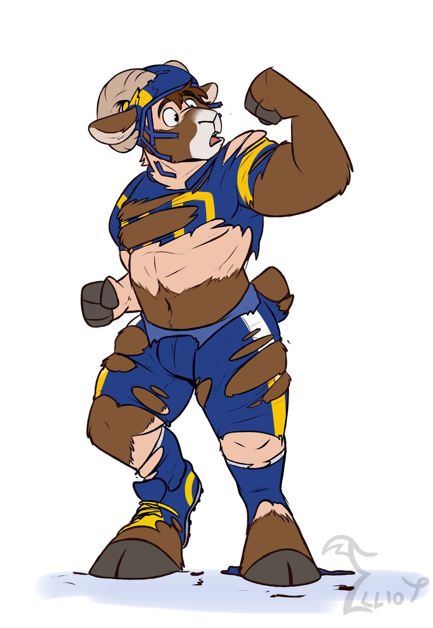 anthro armor bottomwear broken_helmet brown_body brown_fur cleats clothing fingerless_gloves football_gear football_helmet football_jersey football_pants football_player football_uniform footwear fur gloves growth handwear headgear helmet hooves horn human_to_anthro jersey male mascot muscular pants rope_around_horns simple_background socks solo species_transformation tail tail_growth tail_growth_in_pants tail_tuft torn_clothing transformation tuft white_background binturongboss los_angeles_rams nfl pheagle rampage_(los_angeles_rams) bovid caprine mammal 2022 absurd_res hi_res